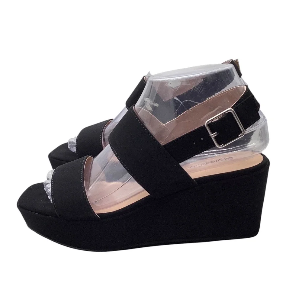 Style & Co Ardenn Black Platform Wedge Sandals Square Toe  6.5 Buckle Strap